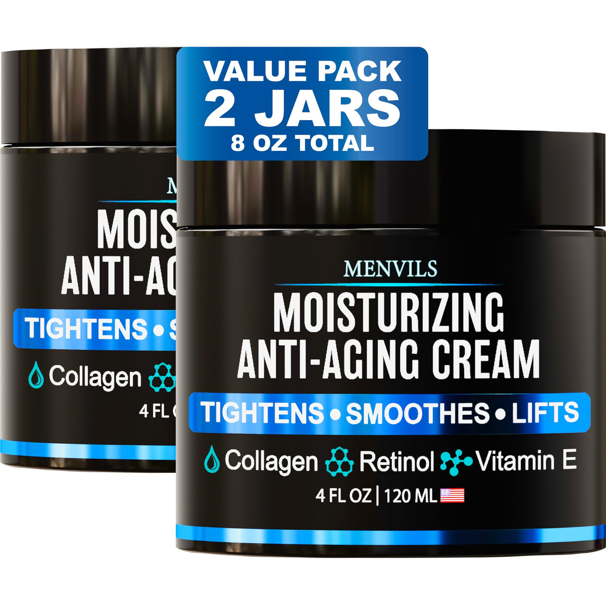 Menvils front jars pack display showing product benefits