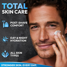 Menvils man applying cream at mirror for hydrated appearance