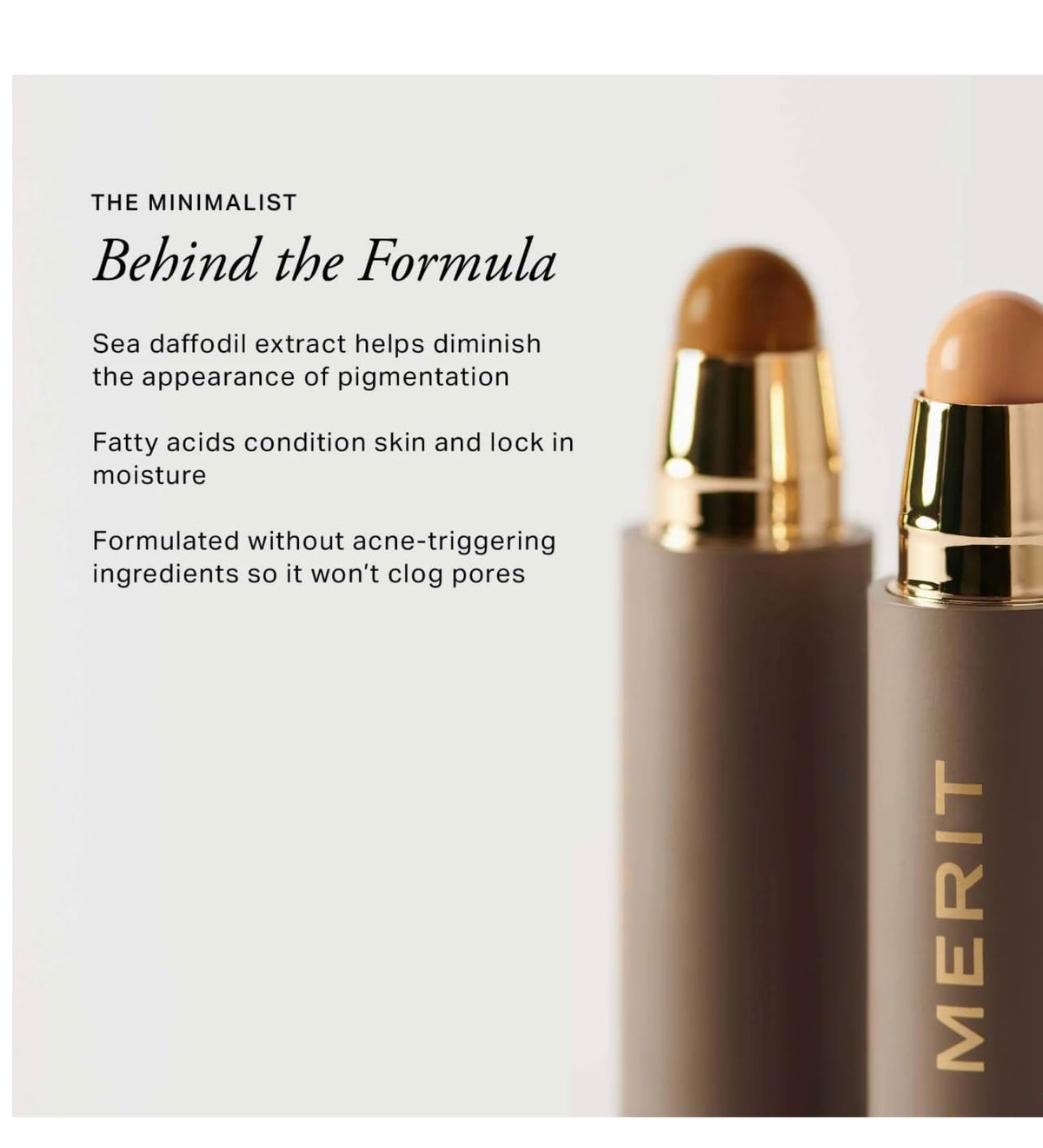MERIT texture swatch close-up showing creamy finish and easy blendability benefit