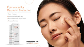 Model applying Mesoderm RX outdoors illustrating sun protection for daily outdoor use