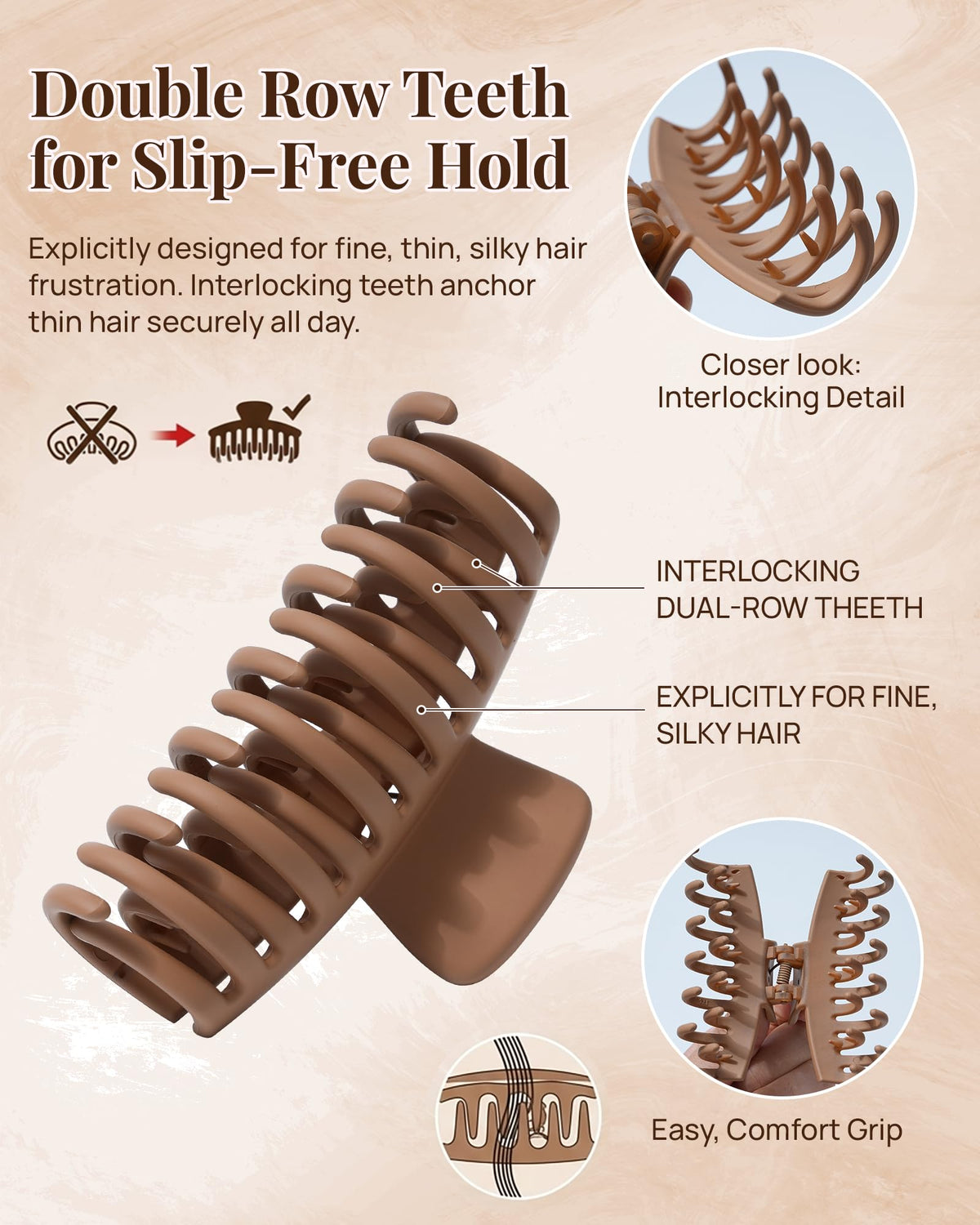Mesovor close-up on double row teeth demonstrating secure grip for fine hair