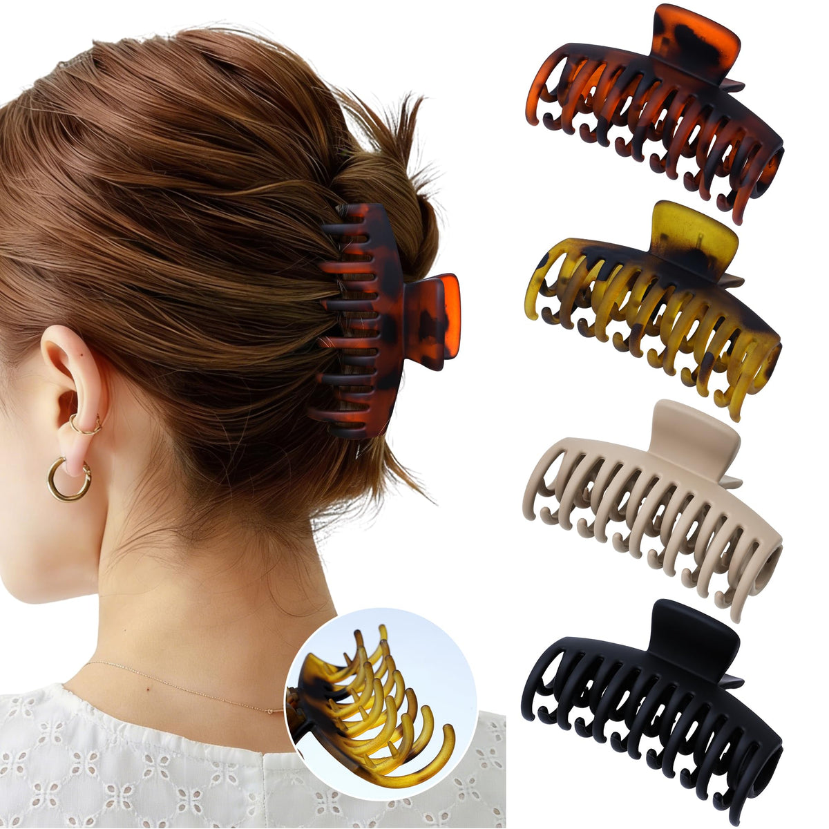 Mesovor front packaging tortoise matte showing four clips and benefit of versatile styling