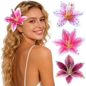Mesovor front packaging showing three pink lily hair clips, instant tropical accent