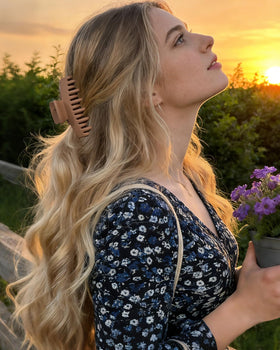 Mesovor worn in hair as half-up style showing reliable all-day hold