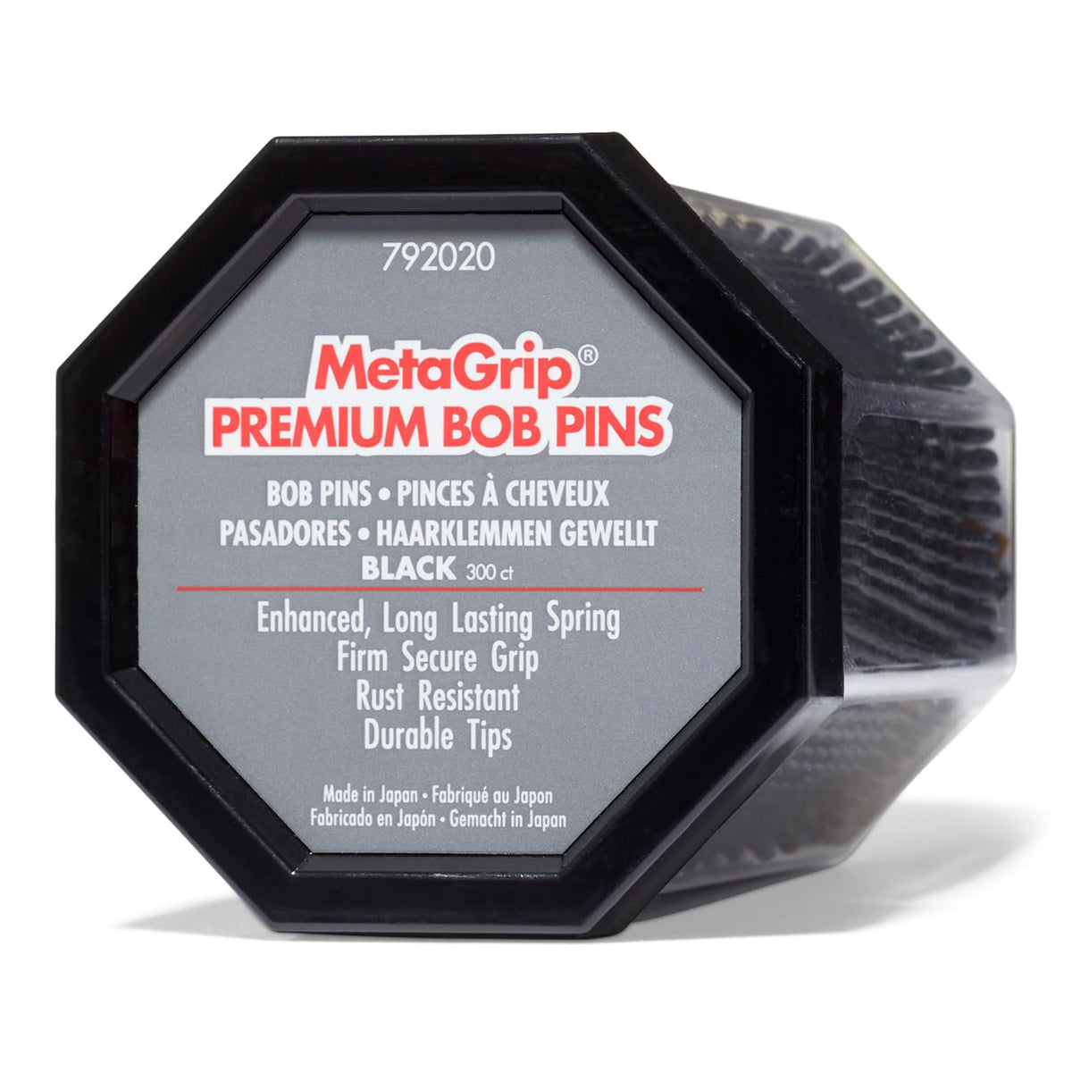 MetaGrip black bobby pins front packaging showing 300-count and compact storage benefit