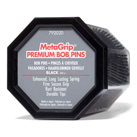 MetaGrip black bobby pins front packaging showing 300-count and compact storage benefit