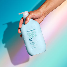 Method bottle in bathroom setting suggesting relaxing shower routine