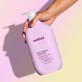 Method bottle in shower scene conveying fresh berry scent and relaxation