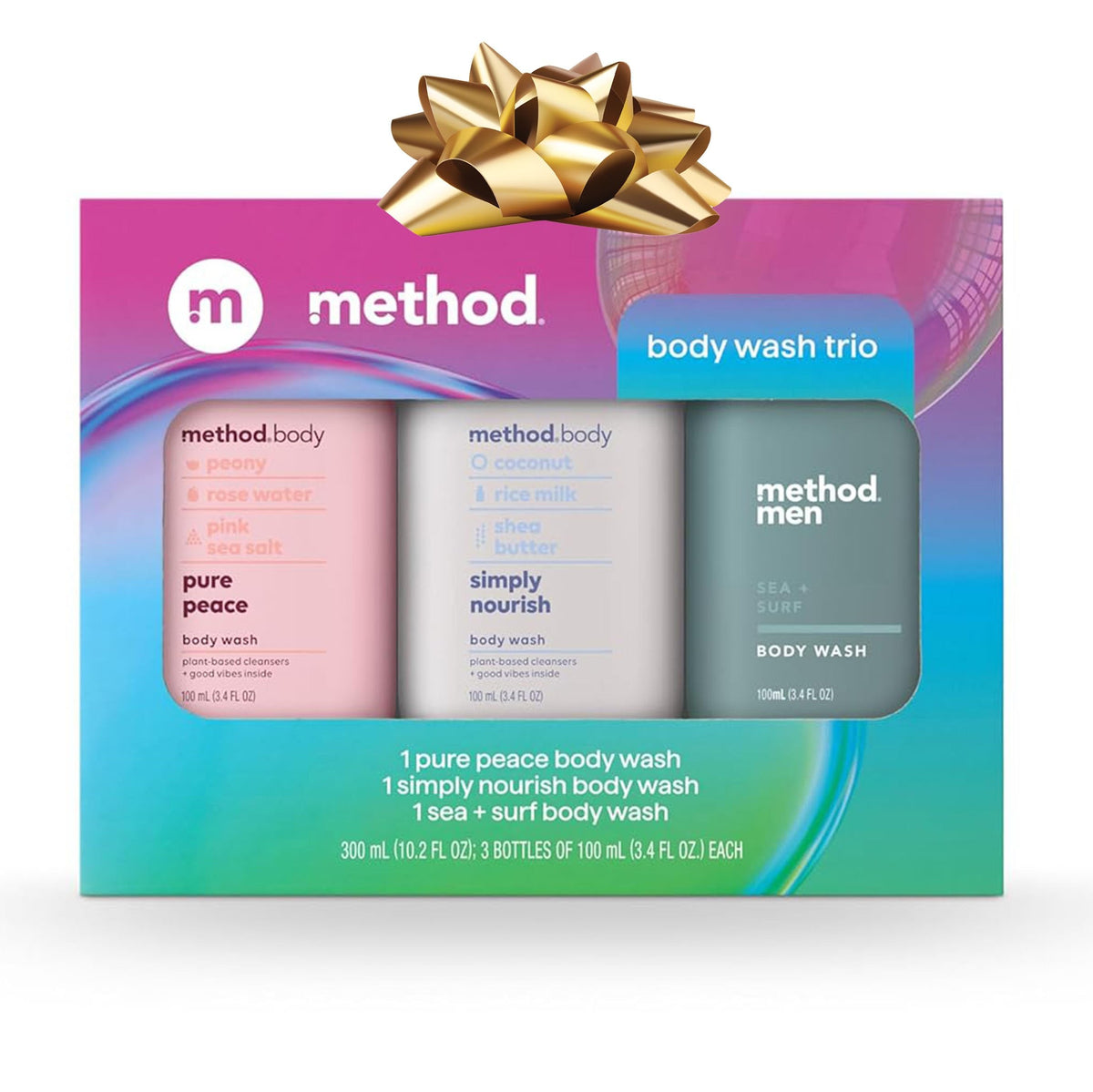 Method front packaging showing three travel bottles and gifting appeal