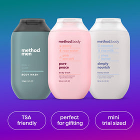 Method bottles inside a toiletry bag illustrating travel-ready convenience