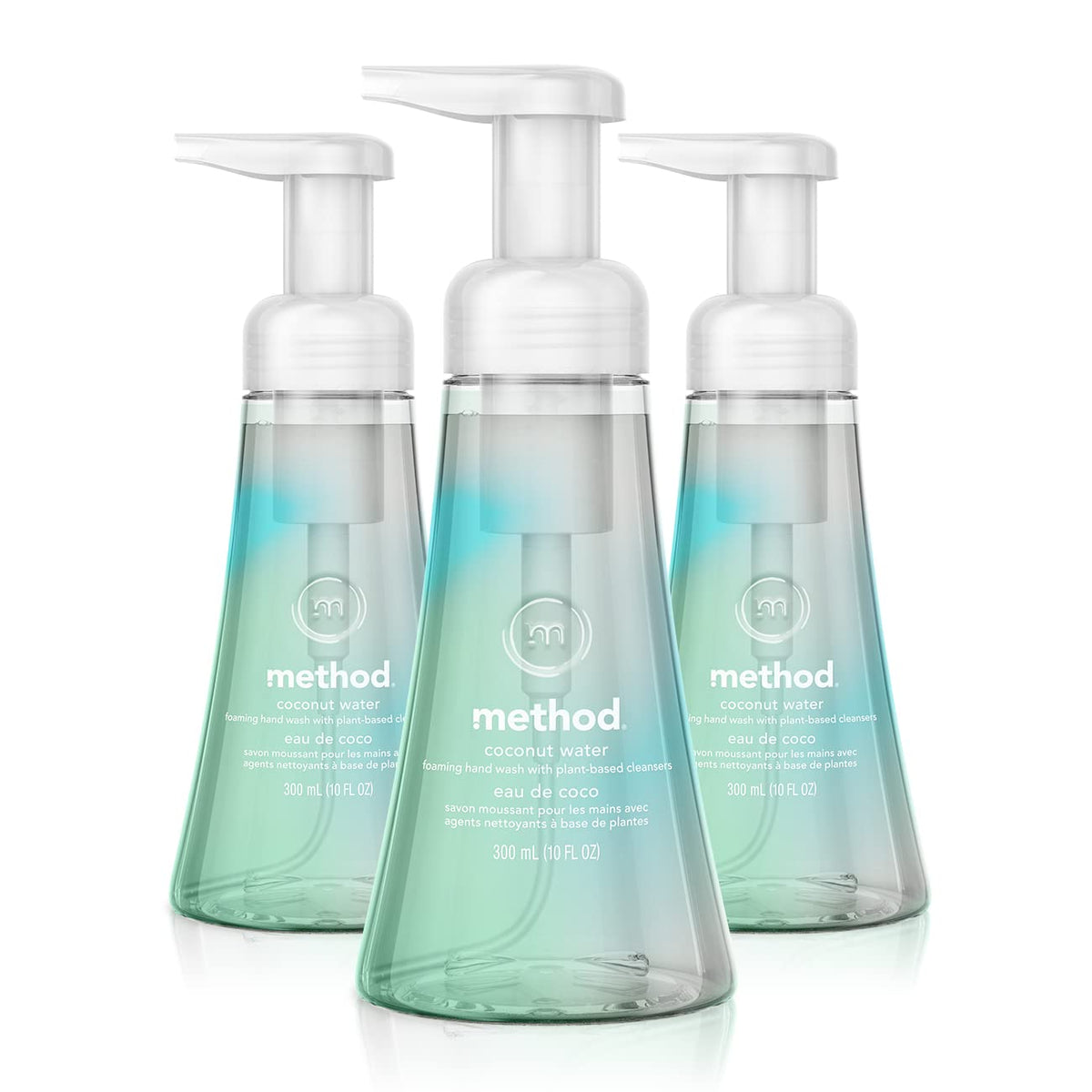 Method coconut water front packaging showing three 10 oz bottles and label benefit
