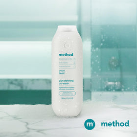 Method co-wash on bathroom shelf in lifestyle scene inspiring daily use benefit