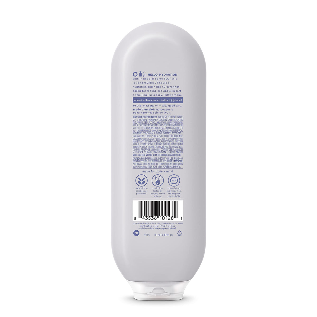 Method pump and label close-up highlighting ingredients and easy dispensing