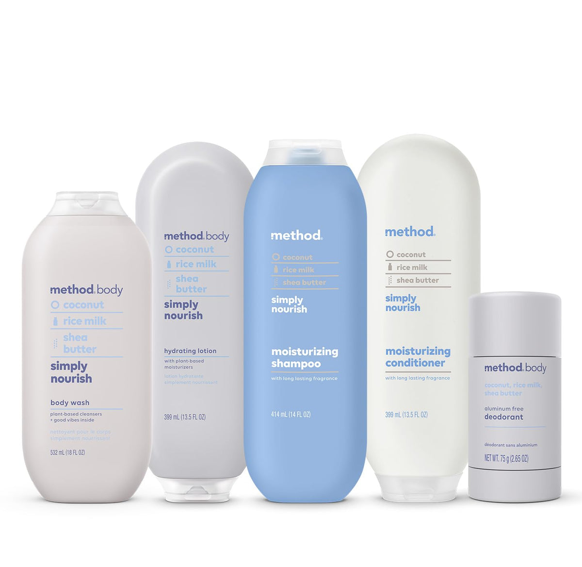 Method bottle next to hand to show 13.5 fl oz size and travel practicality