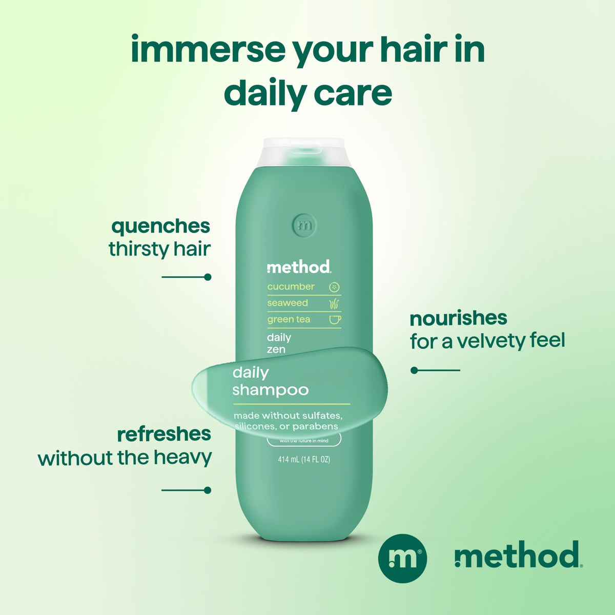 Method Daily Zen bottle with recycled plastic label, showcasing sustainable packaging