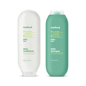 Method front packaging showing both shampoo and conditioner, calming scent visible