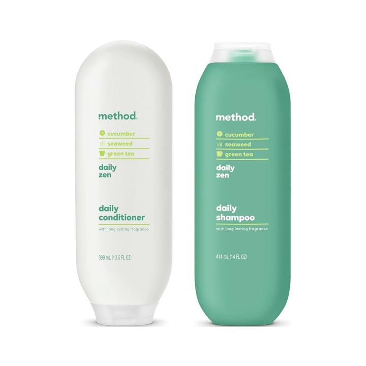 Method front packaging showing both shampoo and conditioner, calming scent visible