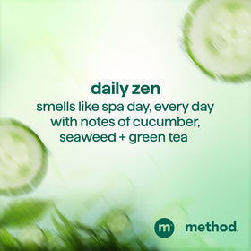 Method Daily Zen with jojoba and seaweed visuals, emphasizing nourishing ingredients