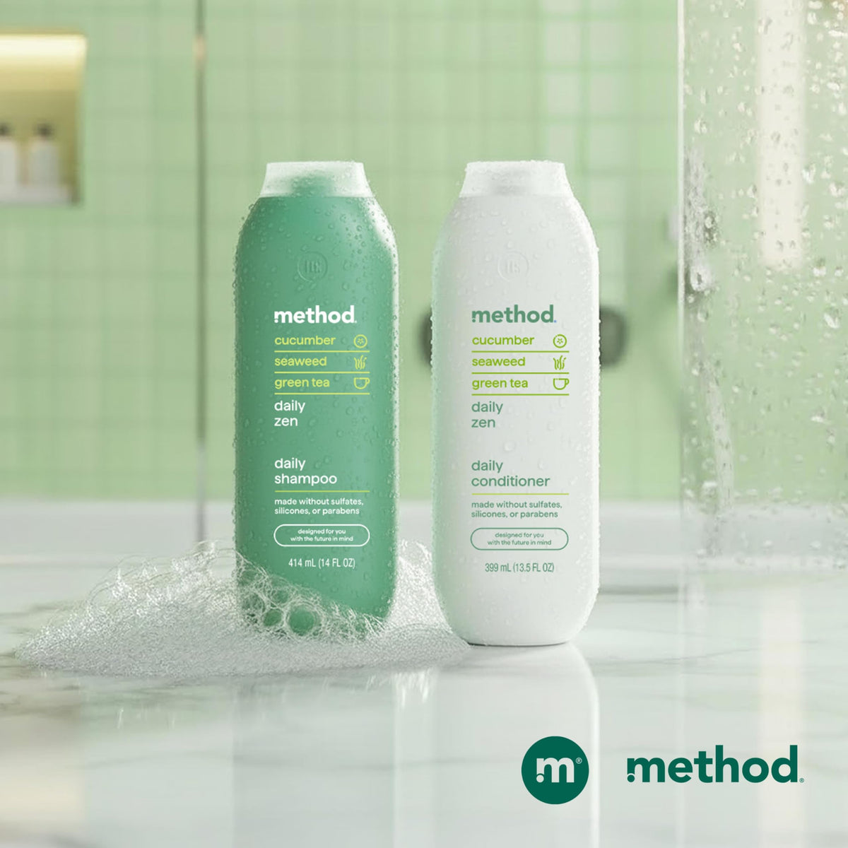 Method Daily Zen on bathroom shelf in lifestyle scene, spa-like calm benefit