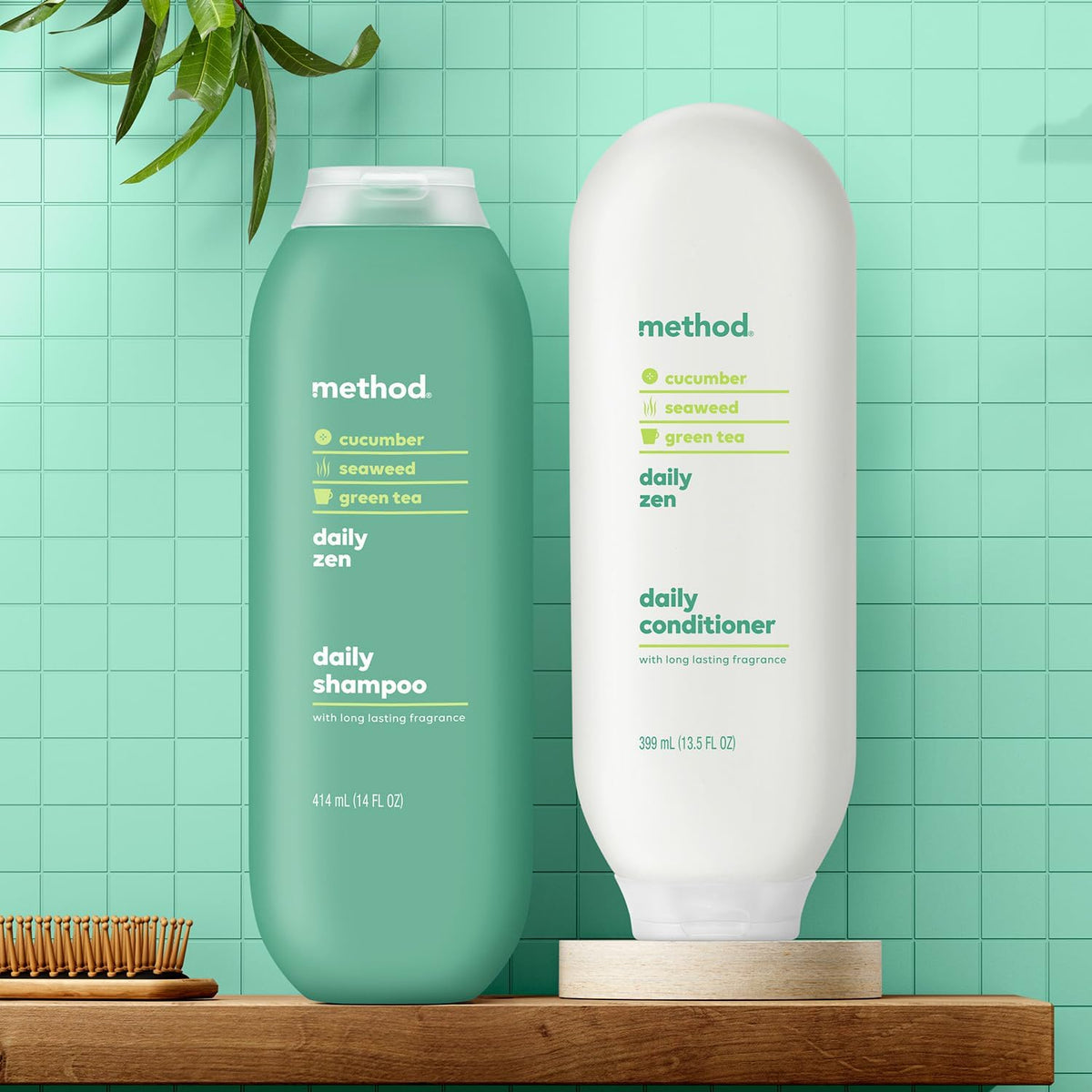 Method bottles styled on bathroom shelf evoking serene, spa-like routine