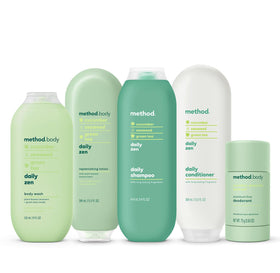 Method Daily Zen on bathroom shelf in spa-like setting for calming scent