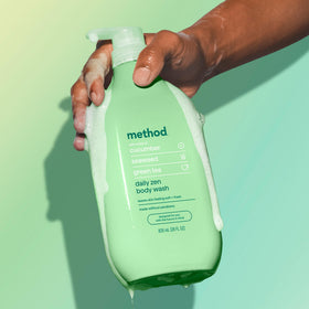 Method bottle styled in a bathroom for a calming shower vibe