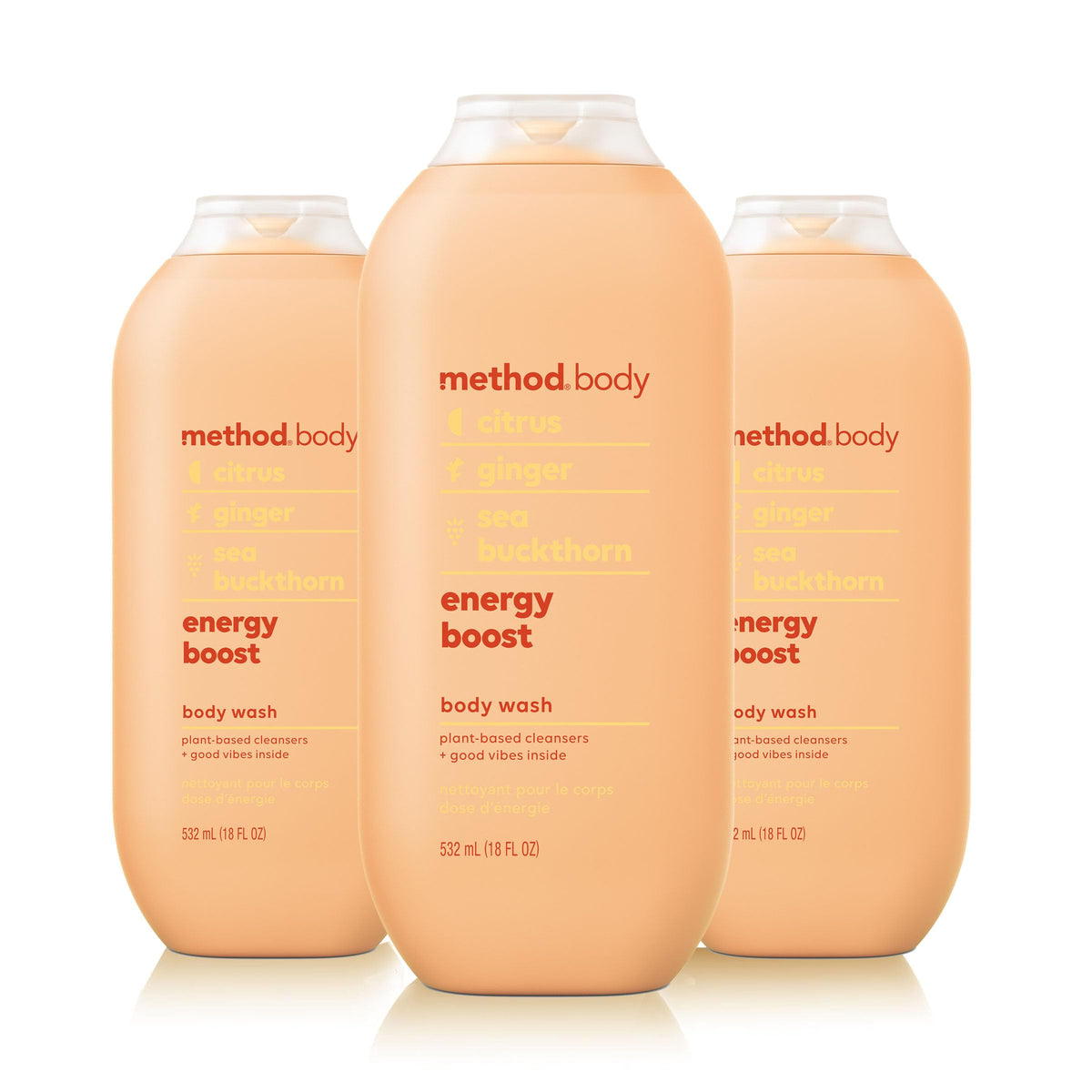 Method front packaging showing three 18oz bottles and vibrant label benefits
