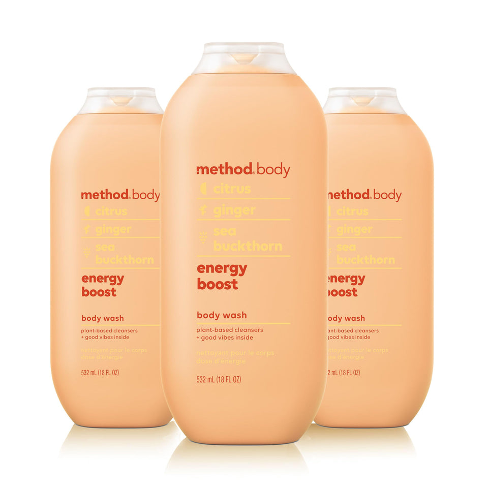 Method front packaging showing three 18oz bottles and vibrant label benefits