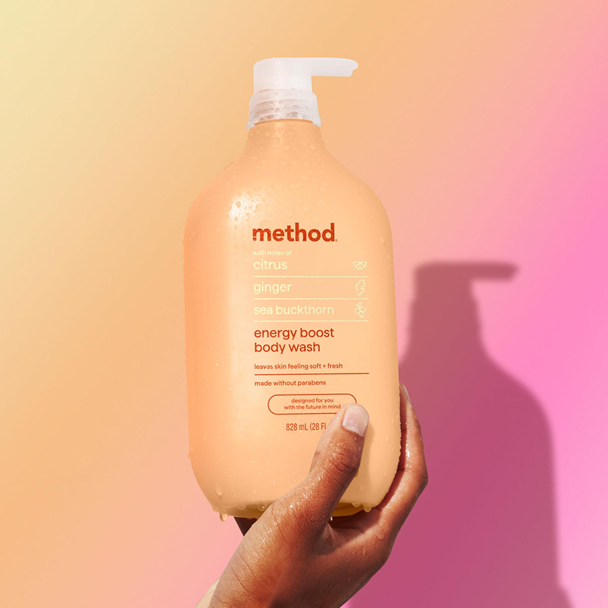 Method 28oz bottle next to common items to show scale and long-lasting supply