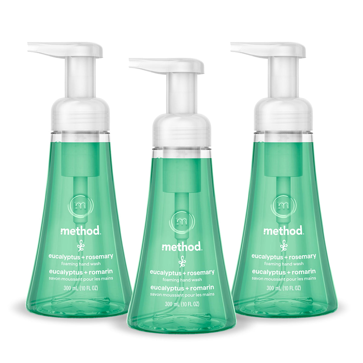 Method front-packaging showing three bottles and recyclable benefits