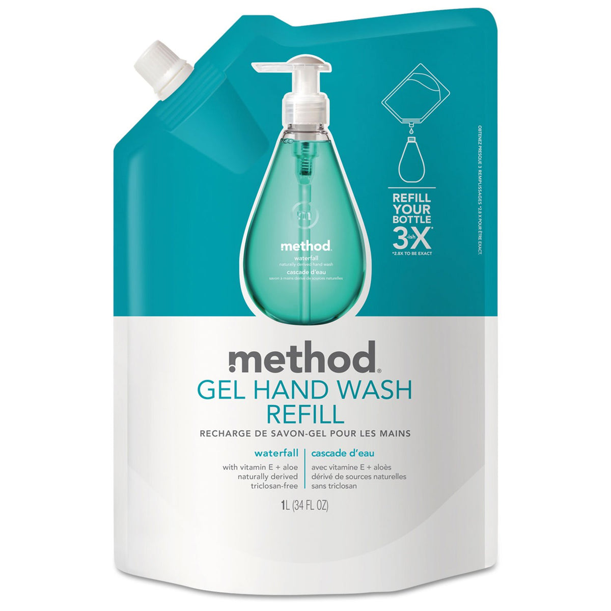 Method gel hand wash refill front label showing Waterfall scent and 34 oz capacity, clear branding and benefit