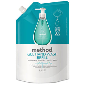 Method gel hand wash refill front label showing Waterfall scent and 34 oz capacity, clear branding and benefit
