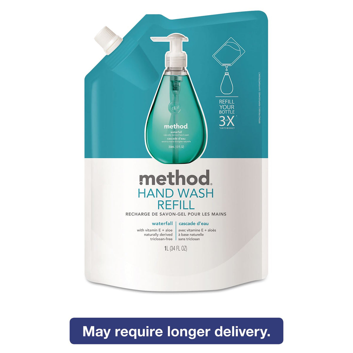 Method refill being poured into gel pump bottle demonstrating easy refill and reduced waste for consistent use