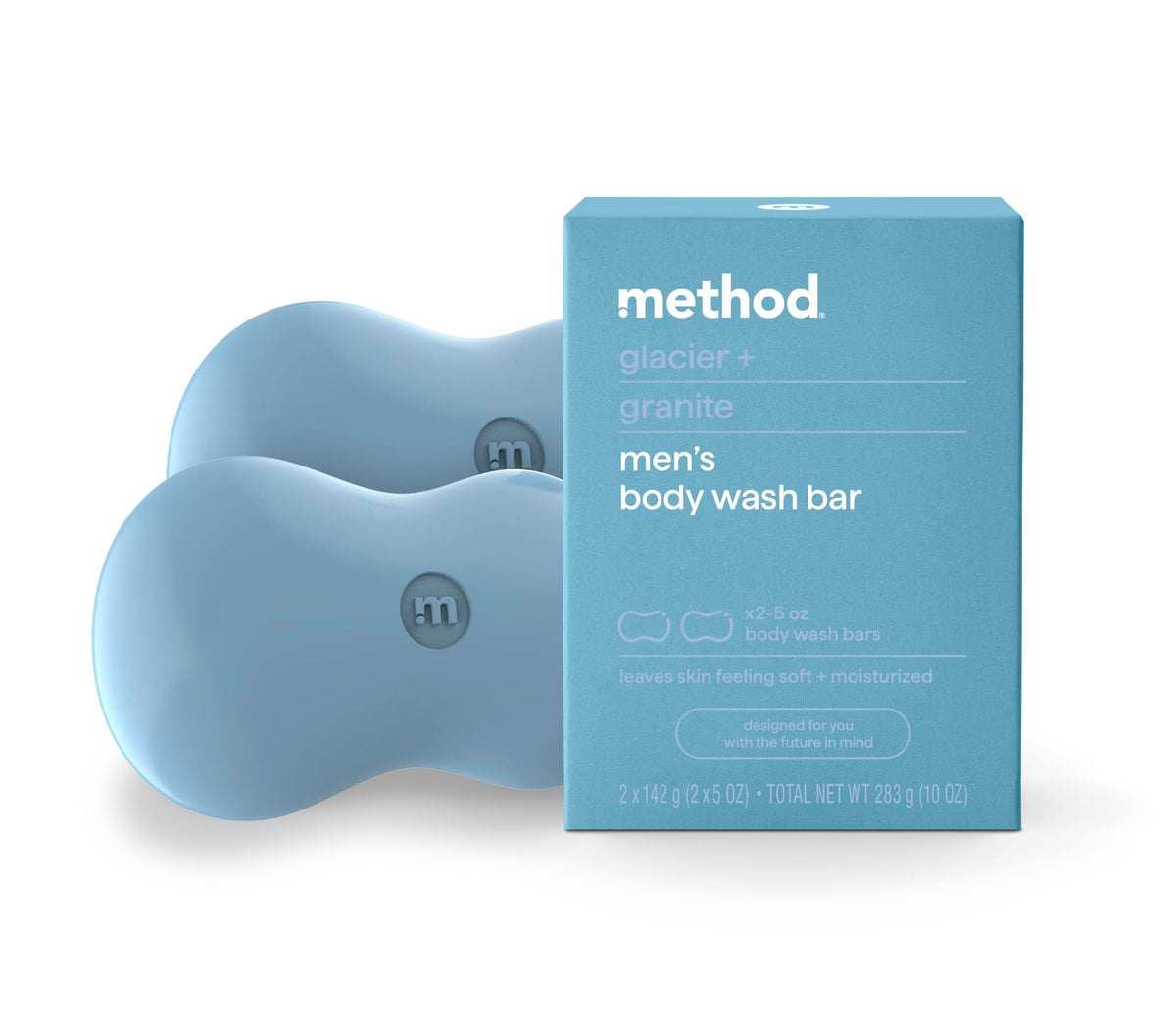Method bar soap front packaging showing plastic-free two-pack benefit