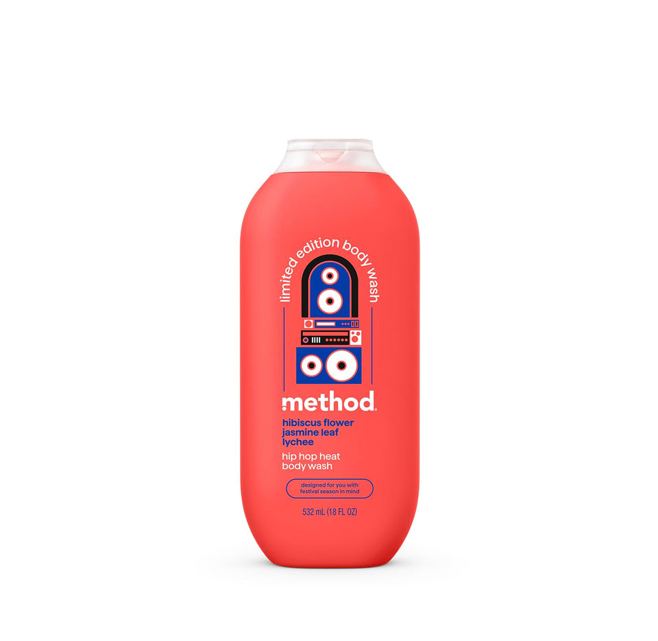 Method Hip Hop Heat front bottle featuring label and vibrant scent notes for easy identification