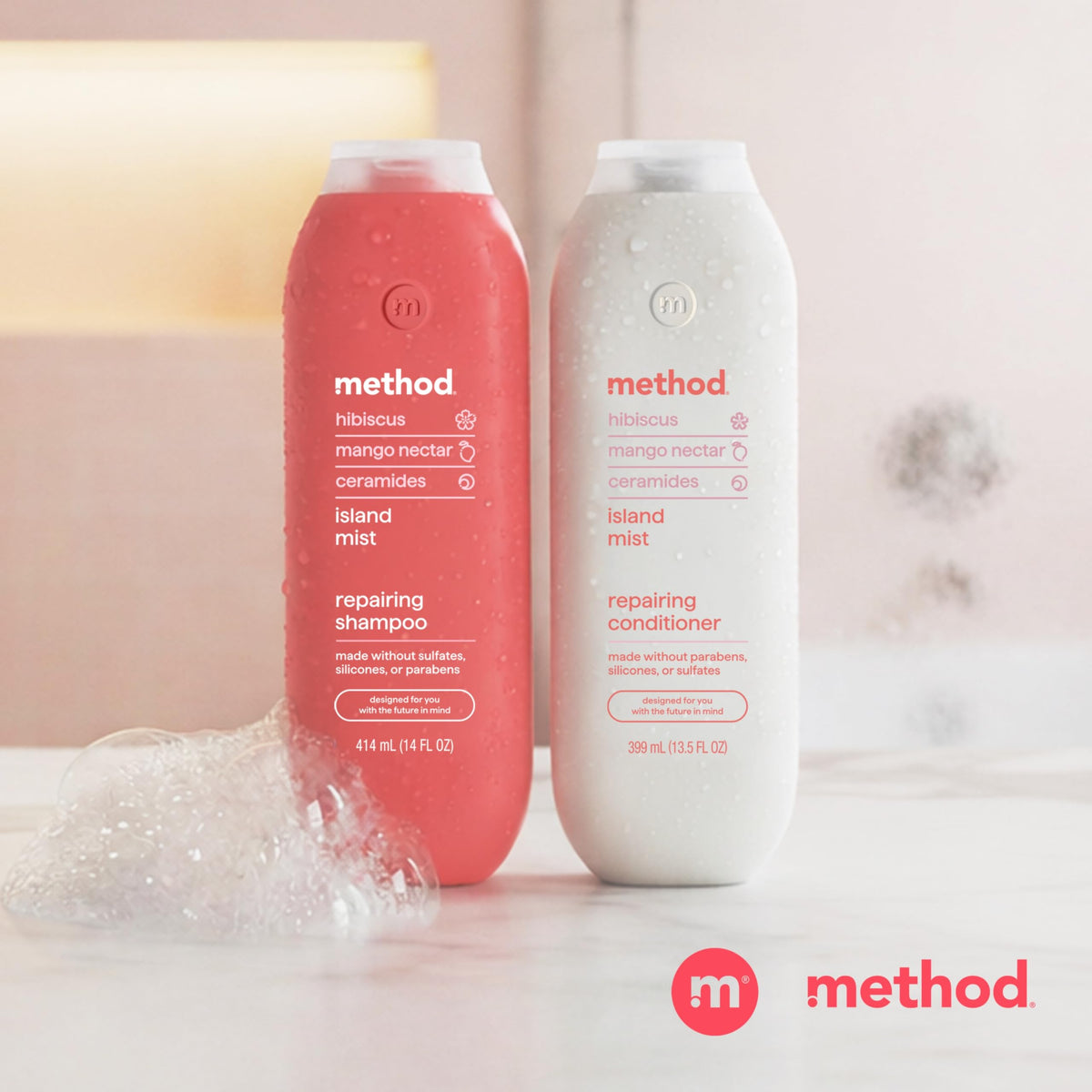 Method bottle staged in bathroom to show everyday styling and fresh scent