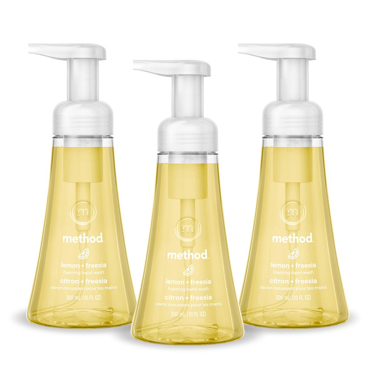 Method front packaging showing three Lemon + Freesia bottles, clear eco benefit