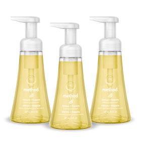 Method front packaging showing three Lemon + Freesia bottles, clear eco benefit