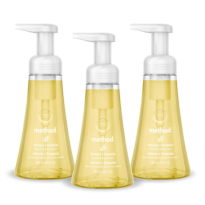 Method front packaging showing three Lemon + Freesia bottles, clear eco benefit