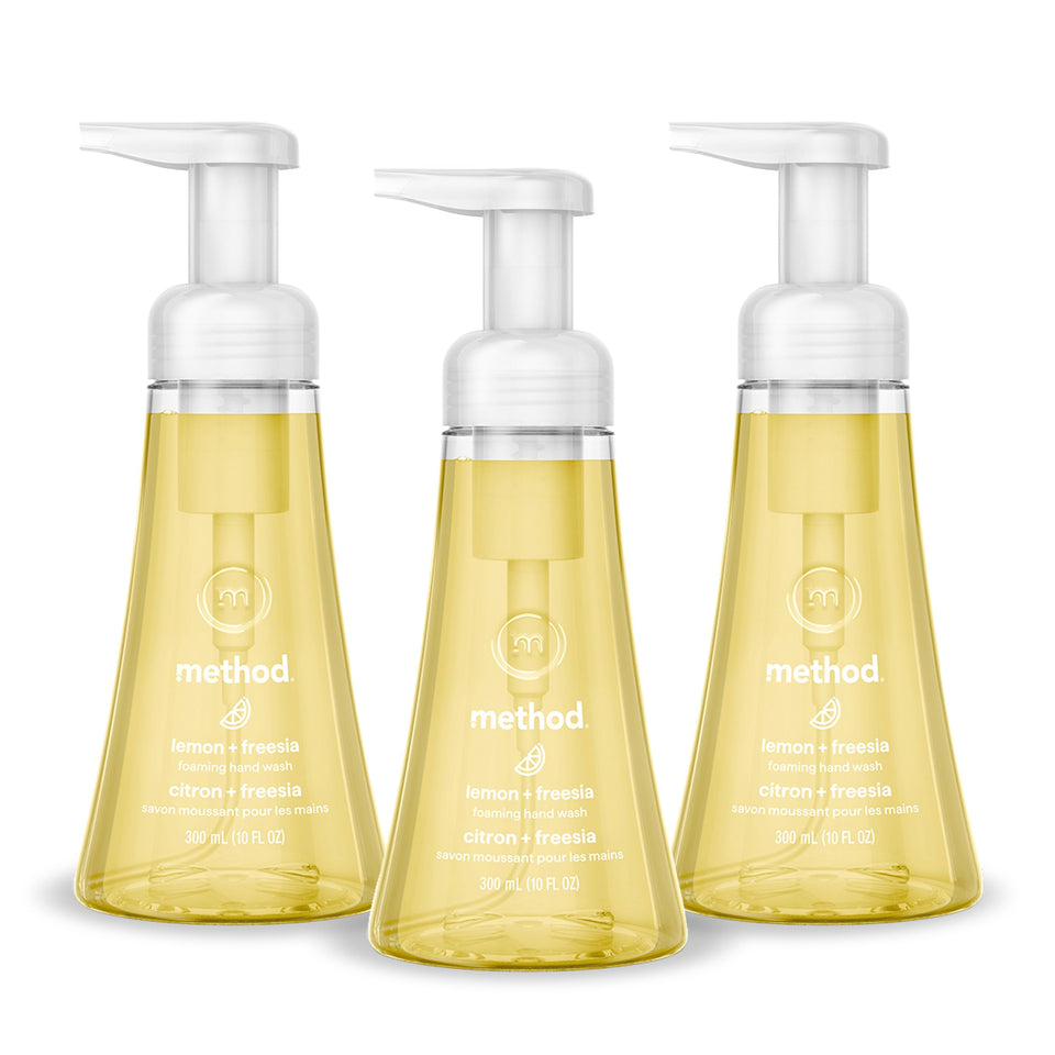 Method front packaging showing three Lemon + Freesia bottles, clear eco benefit