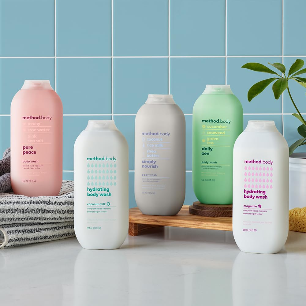 Method lifestyle shower scene with bottle on shelf conveying refreshing routine