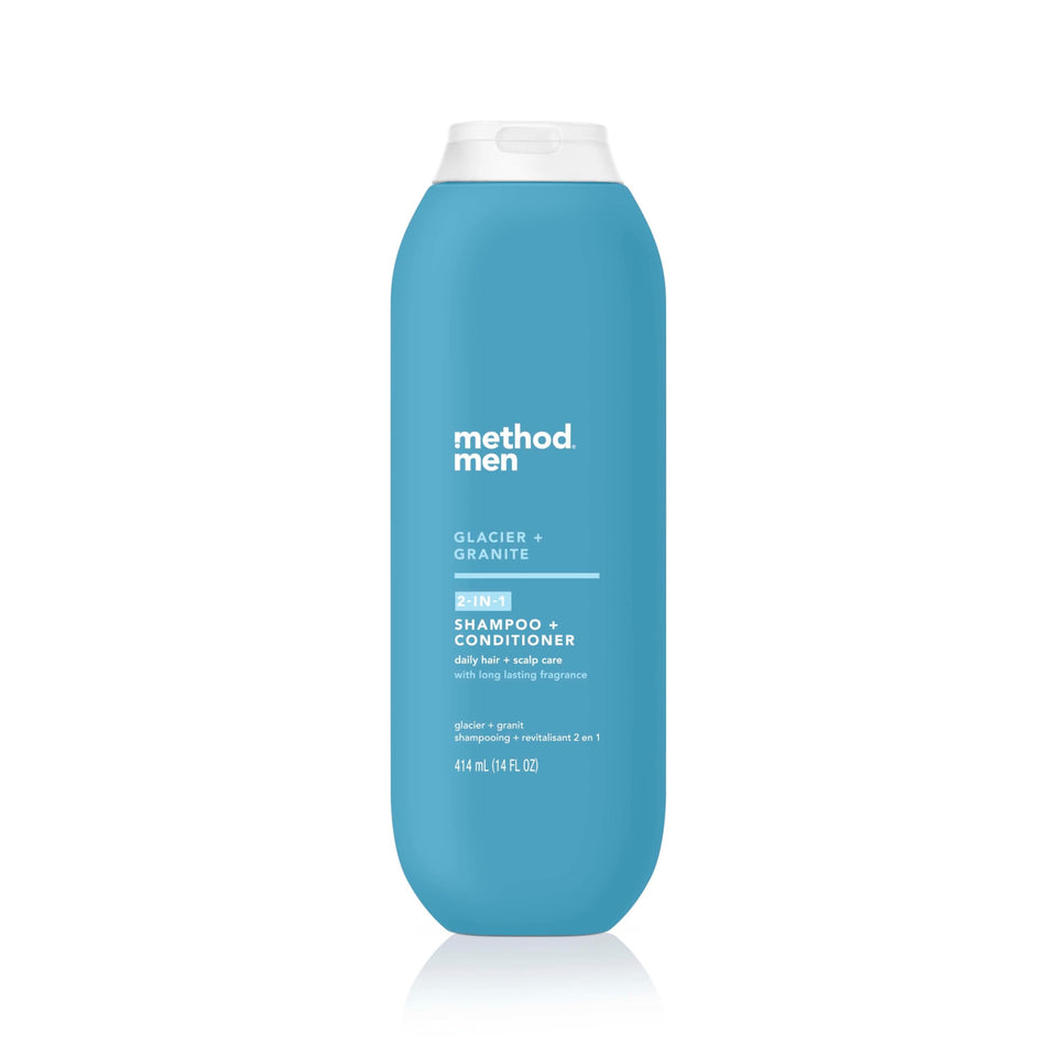 Method men front packaging shows bottle and Glacier + Granite scent benefit