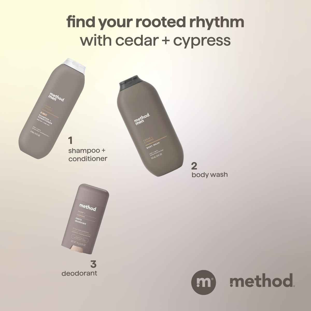 Method Men bottle staged outdoors to convey cedar cypress fresh scent and nature-inspired benefit