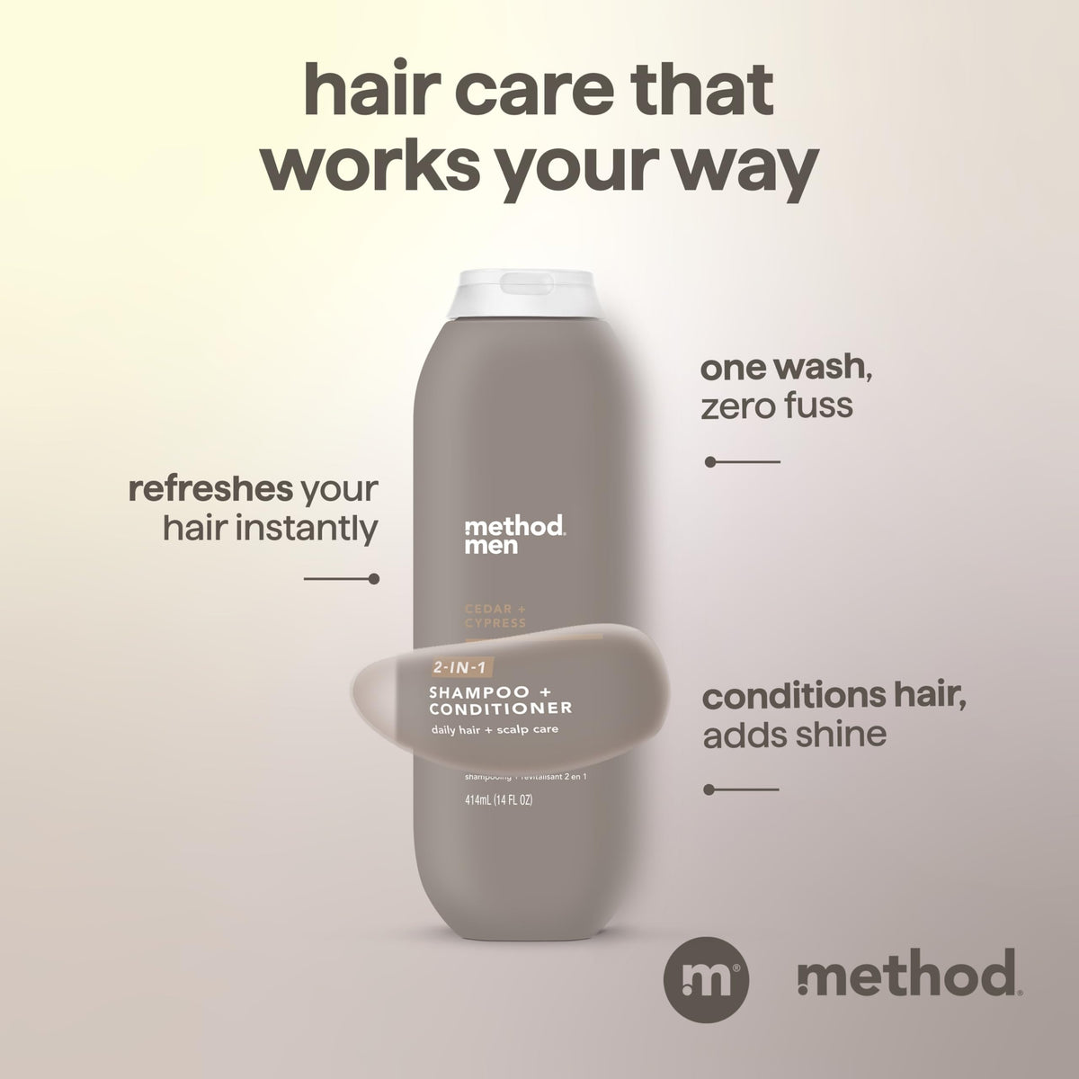 Method Men texture close-up highlighting oil-infused formula for softness and shine