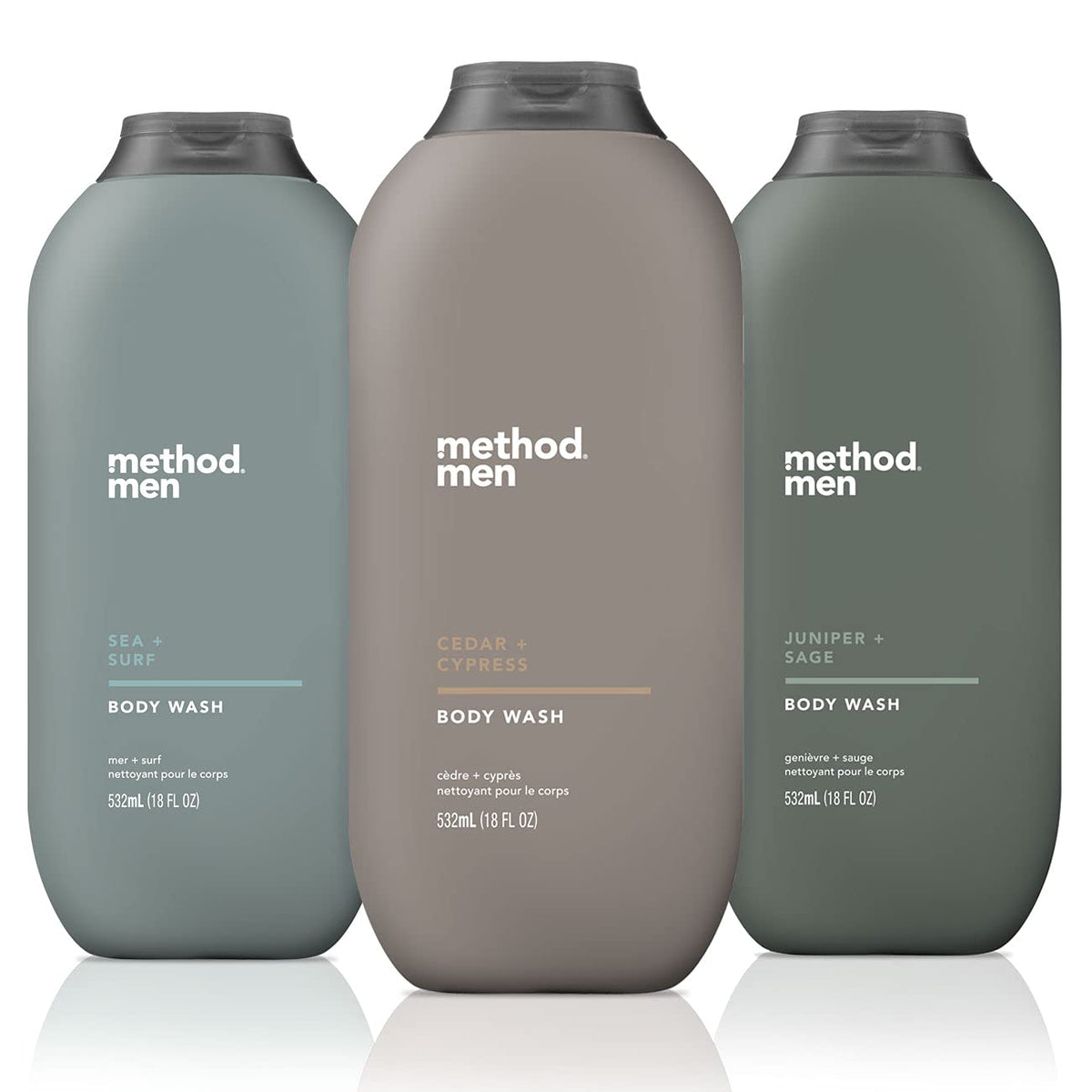 Method Men three-bottle pack front view showing all scents and benefits