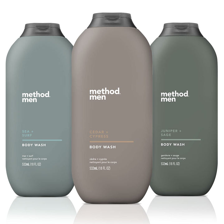 Method Men three-bottle pack front view showing all scents and benefits