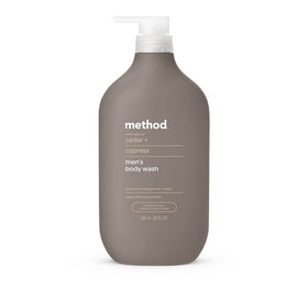 Method Men cedar and cypress front bottle showing full 28 oz size and woodsy packaging benefits