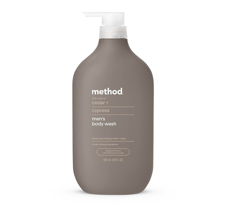 Method Men cedar and cypress front bottle showing full 28 oz size and woodsy packaging benefits