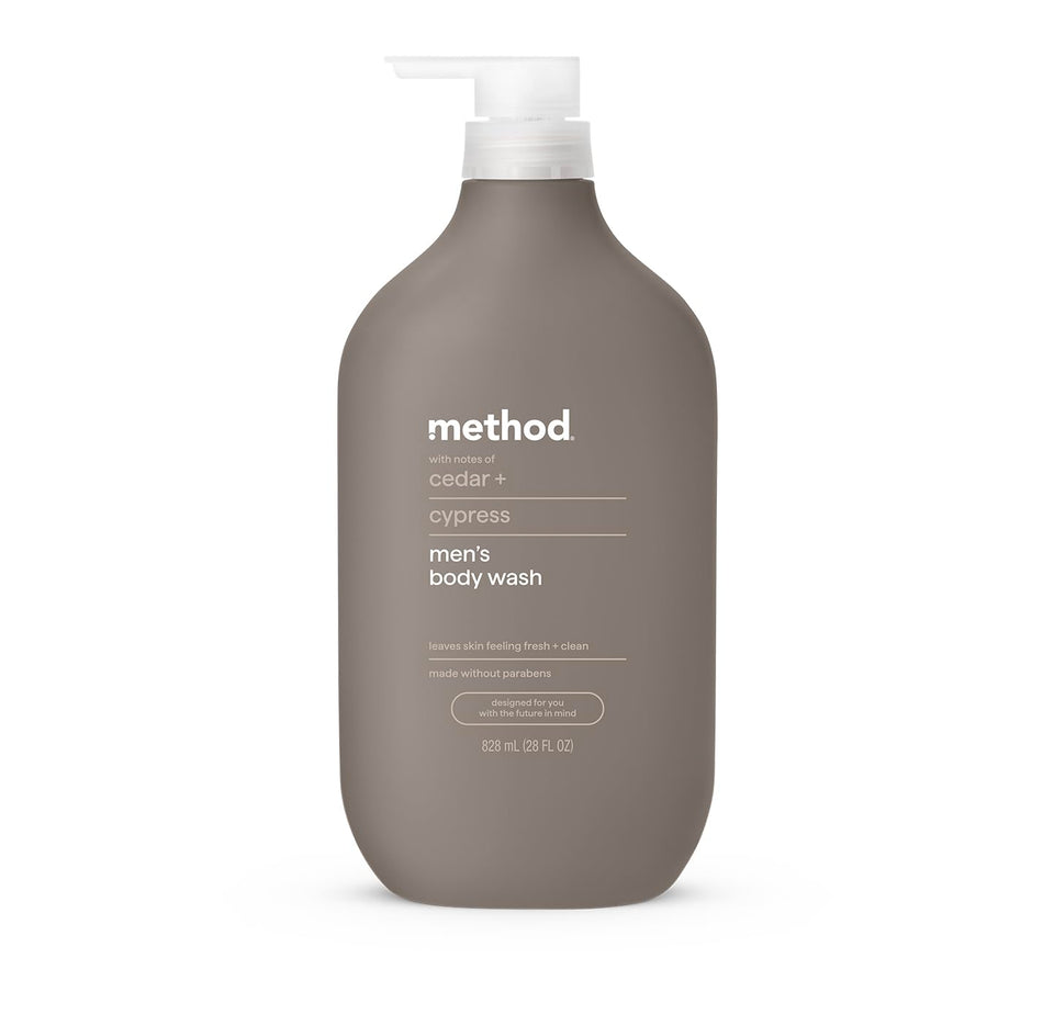 Method Men cedar and cypress front bottle showing full 28 oz size and woodsy packaging benefits