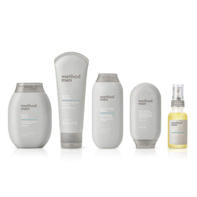Method men face wash on bathroom shelf in lifestyle setting implying daily routine freshness